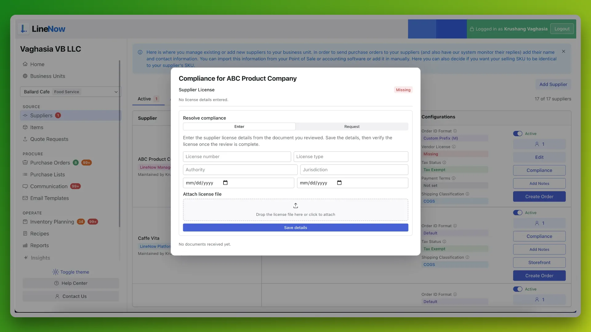 LineNow supplier license and procurement compliance workflow