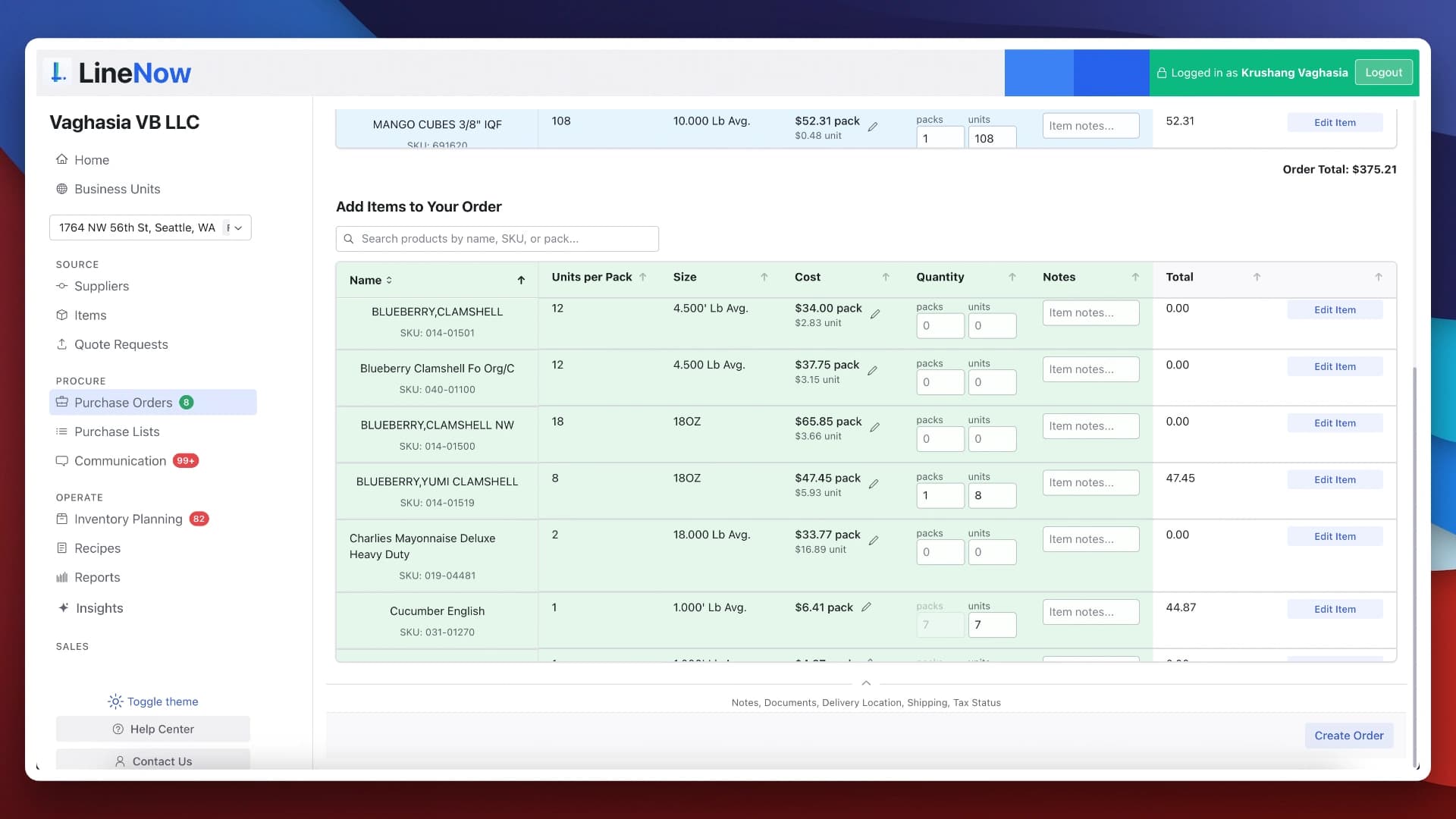 LineNow create purchase order screen