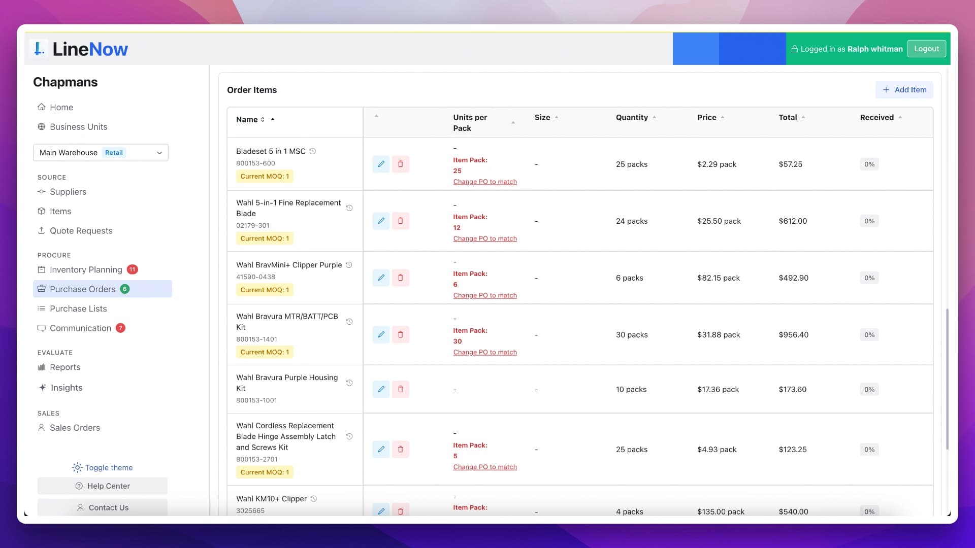 LineNow order tracking and PO status