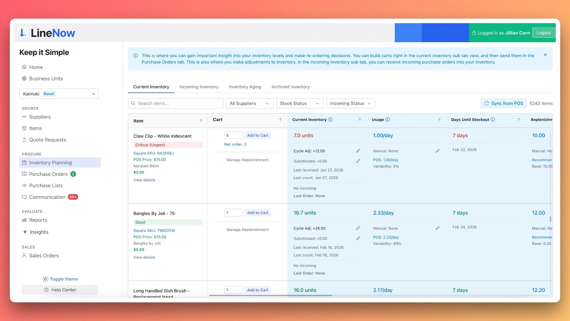 LineNow ecommerce and retail inventory management dashboard